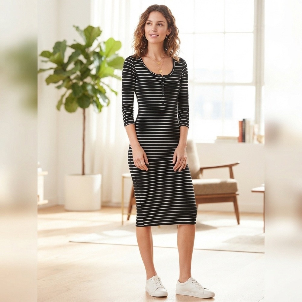 Splendid Striped Henley Midi Dress (Attached Slip) Stretch Black White Small